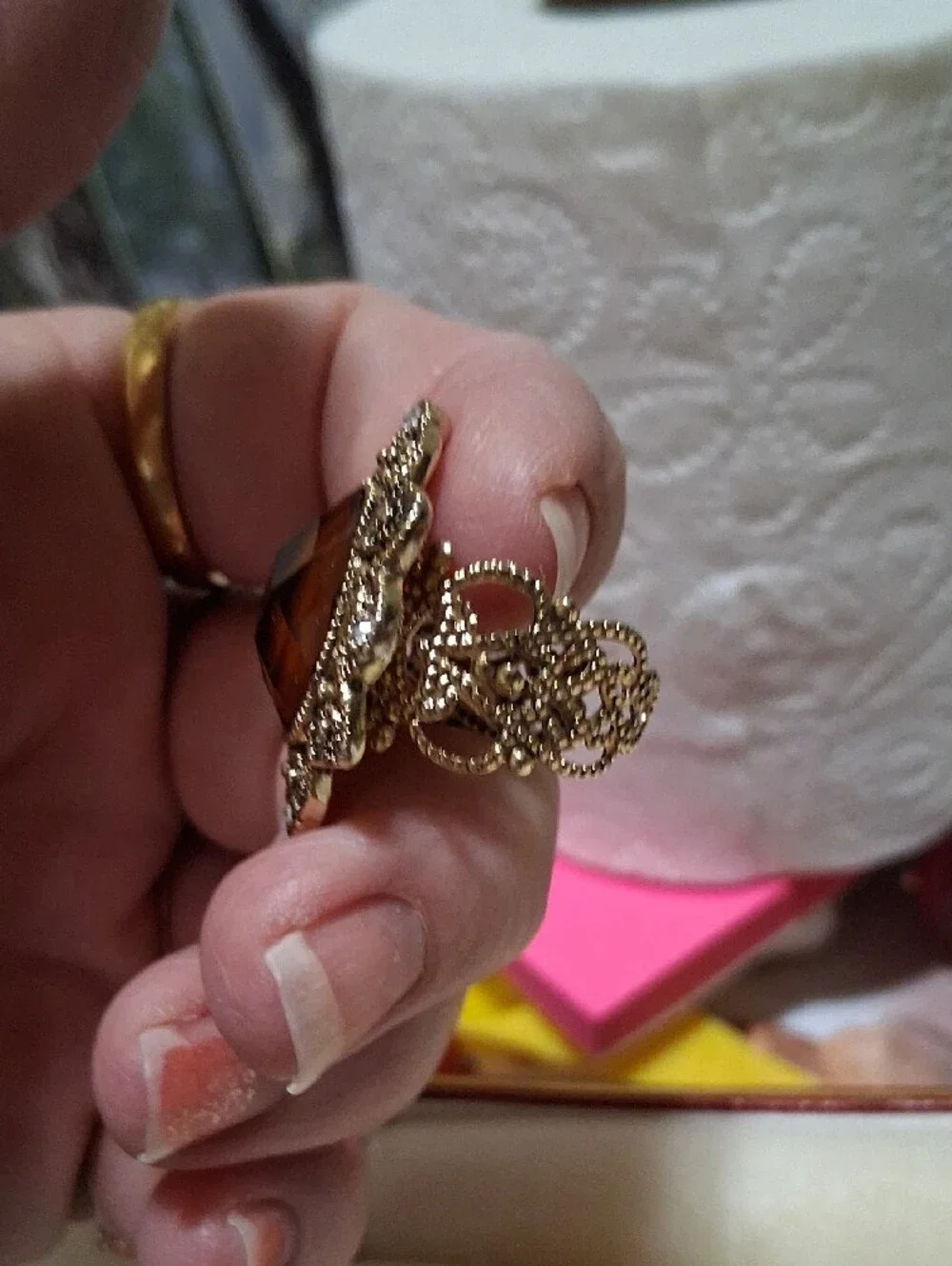 Vintage Gold-Tone Women's Ring with Amber Center Stone